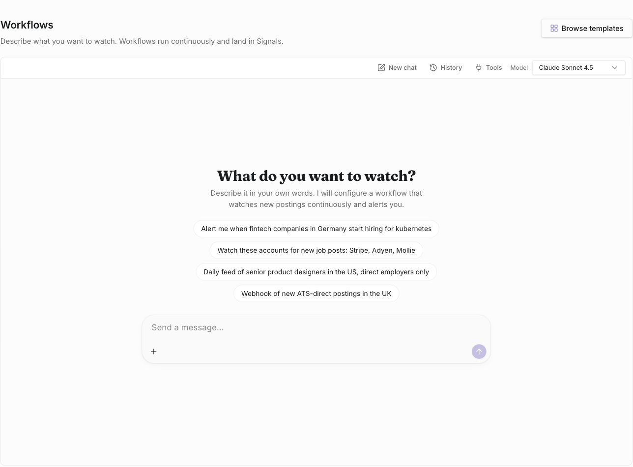 The Workflows builder: a chat box asking what you want to watch, with four example requests underneath